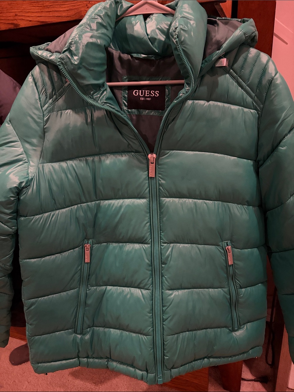 GUESS Men’s Teal Quilted Puffer Jacket with Hood